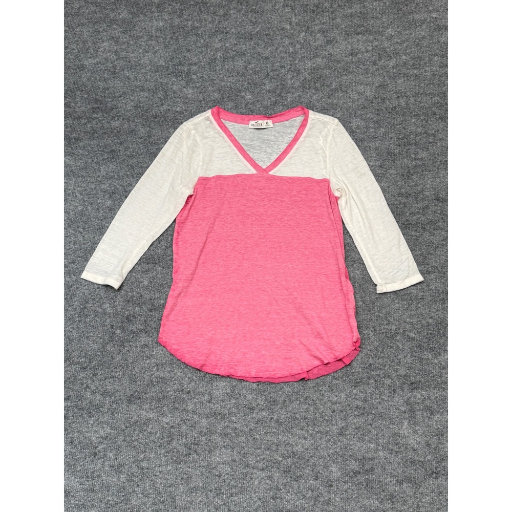 Hollister Womens XS‎ Pink White Colorblock V-Neck Long Sleeve Slub Knit Top